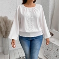 Detail of white long sleeve blouse featuring floral lace appliques and elastic waist - 0XL