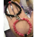 Magnetic heart couple bracelets with matte black and pink marble bead strands - Silver Heart Rose Red