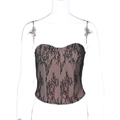 Detail view of black lace overlay and boning structure on a slimming bustier top - S / Black