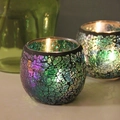 Set of two round mosaic glass candle holders with colorful iridescent glowing pieces - Green Forest