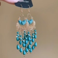 Detailed shot of Bohemian tassel earrings with gold filigree and blue beaded drops - 14# Ear Hook - Gold/Green