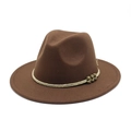 Detail of dark brown wool felt fedora featuring beige braided band and vintage metal beads - Coffee