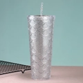 Silver glitter mermaid scale tumbler with double-wall plastic insulation and spiral straw - 24oz / Glitter Silver