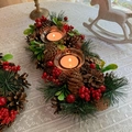 Christmas candle holder with pine cones, red berries and two glass tea light cups - Red Berry Long Style 33*16*7.5cm