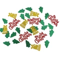 Christmas table confetti with green trees, red Merry Christmas text and gold bells - Glitter Tree Bell + Red Merry Christmas Confetti