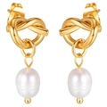Golden knot earrings with white freshwater pearls in a premium vintage design - Heart Knot Freshwater Pearl / Gold