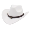 Close-up of white felt cowboy hat featuring dark brown leather strap with metal studs - M (56-58cm) / White (Cowboy Wax Rope)