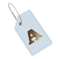 Light blue PU leather luggage tag with golden letter A and steel wire ring - Light Blue A