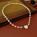 Collier de perles vintage français avec pendentif cœur doré et cristaux brillants - Collier n°9 - Coeur Or Blanc - Plaqué Or