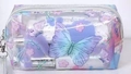 Close-up of waterproof PVC makeup bag with purple butterfly and flower prints - Purple Butterfly