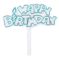 White Happy Birthday cake topper with cyan blue outlines and small candle graphic - No.16 Green