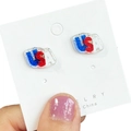 Detailed view of patriotic USA letters stud earrings with red white and blue glitter - USA Letters / Color 9