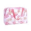 Transparent floral PVC makeup bag with pink zipper and handle for travel storage - Pink
