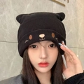 Cute black corduroy knitted hat with bear ears and embroidery for women - Black Bear Ear Style