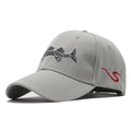 Detailed view of 3D fish bone embroidery on grey cotton twill baseball cap with curved brim - 56-60cm / Gray