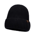 Schwarze Herren-Strickmütze mit grobem vertikalem Muster und braunem Leder-Zierlabel - Einheitsgröße / Schwarz