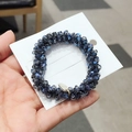 Elastic hair tie with deep blue faceted crystal beads and small metal pendant charm - Ink Blue