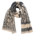 Macro detail of the leopard and stripe pattern on this beige winter knit scarf - Extended Version / Black Beige Coffee