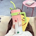 Pink and white gradient 40oz tumbler with green handle and cute 3D cartoon stickers - 40oz / Gradient Pink