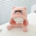 Detail of pink plush baby winter hat with cat ears, soft faux fur and pom-pom earflaps - 8 Months-2 Years / Pink