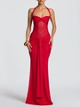 Sexy red halter neck maxi dress with sheer mesh panels and elegant pleated ruffles - S / Red
