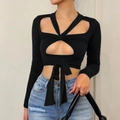 Sexy black long sleeve crop top with hollow-out front and tie-up waist detailing - S / Black