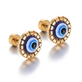 Close-up of evil eye stud earrings with blue enamel and secure screw backings - Evil Eye Charm / Gold