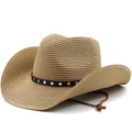 Bohemian western straw cowboy hat with silver rivets and adjustable chin strap - M(56-58cm) / Khaki