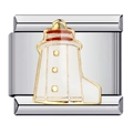 Italian modular charm link with a red and white enamel lighthouse in silver finish - ICJ304/Red White Lighthouse