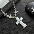 Gothic kruisketting met kristallen kralen en vispatroon op vintage zilveren hanger - Zilver