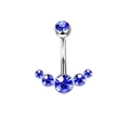 Silver belly button ring featuring circular blue rhinestones on a white background - Style 7 (Five Zircon Arc)