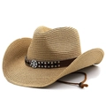 Classic straw western cowboy hat with studded leather band and adjustable wind rope - M (56-58cm) / Khaki
