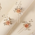 Three pink clay rose hairpins with silver leaves and pearls on beige background - 2# Hair Pins (3pcs - Silver/Pink)