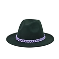 Close-up of a forest green wool fedora hat featuring a chunky purple acrylic chain decoration - Forest Green(19)