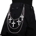Silver multi-layer waist chain with gothic cross pendants on black denim shorts - Cross Tassel Metal Pant Chain