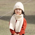 Beige knitted kids winter hat and scarf set with gold heart embroidery details - Set / Off White