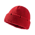 Red distressed knit beanie for men and women featuring street style ripped edge detail - Burgundy