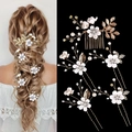 Set de 5 pinces à cheveux de mariée avec fleurs, perles et cristaux sur coiffe dorée - Fleur Blanche + Fil d'Or Ensemble de 5 Pièces