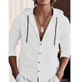 Detail of white striped linen hooded shirt featuring a drawstring and breathable texture - S / White