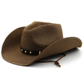 Dettaglio cappello cowboy in paglia marrone con borchie metalliche su cinturino in pelle - M(56-58cm) / caffè