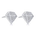 Diamond-shaped silver stud earrings featuring sparkling pave-set zircons on white backdrop - Geometric Personality Stud Earrings / Silver