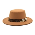 Elegante sombrero de fieltro de lana camel con cinta de leopardo y detalles de perlas - M(56-58cm) / Camel