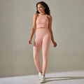 Pink seamless ribbed yoga set with racerback sports bra and high-waisted leggings - 6606 Vest + Trousers Set - Light Pink
