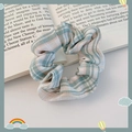 Blauwgroene en roze geruite katoenen scrunchie met bloemenkant en zachte stof - 35# Ceder