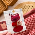 Detail of three red fabric hair clips on a bunny card including a cute bear and bow - Red Bear & Floral Set 3Pcs