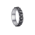 Macro shot of 6mm spinner fidget ring with rotating black gear bands on silver steel - Size 7 / Silver + Black Gear