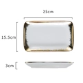 White ceramic steak plate with gold rim 25x15.5x3cm dimensions guide layout - 10 Inch Rectangular Plate / Brushed Gold Rim