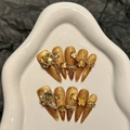 Uñas postizas artesanales ojo de gato doradas con mariposas 3D de metal y detalles de circón - XS / Dorado