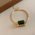 Vintage gold Cuban chain necklace featuring a large emerald green rectangular gemstone - 32# Gold Square Emerald Bracelet