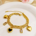 Double-layer 18k gold chain bracelet with heart charms and black agate heart detail - Gold Double Layer Heart Square Diamond Style (581)